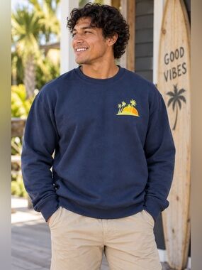 NWT Unisex Original Use Navy Palm Tree Sunset Crewneck Sweatshirt Size M